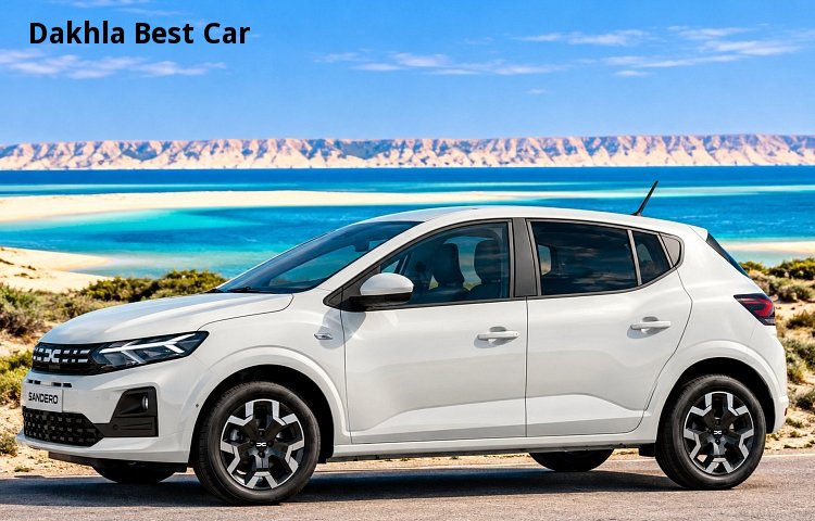 White Dacia Sandero beside the Dakhla lagoon